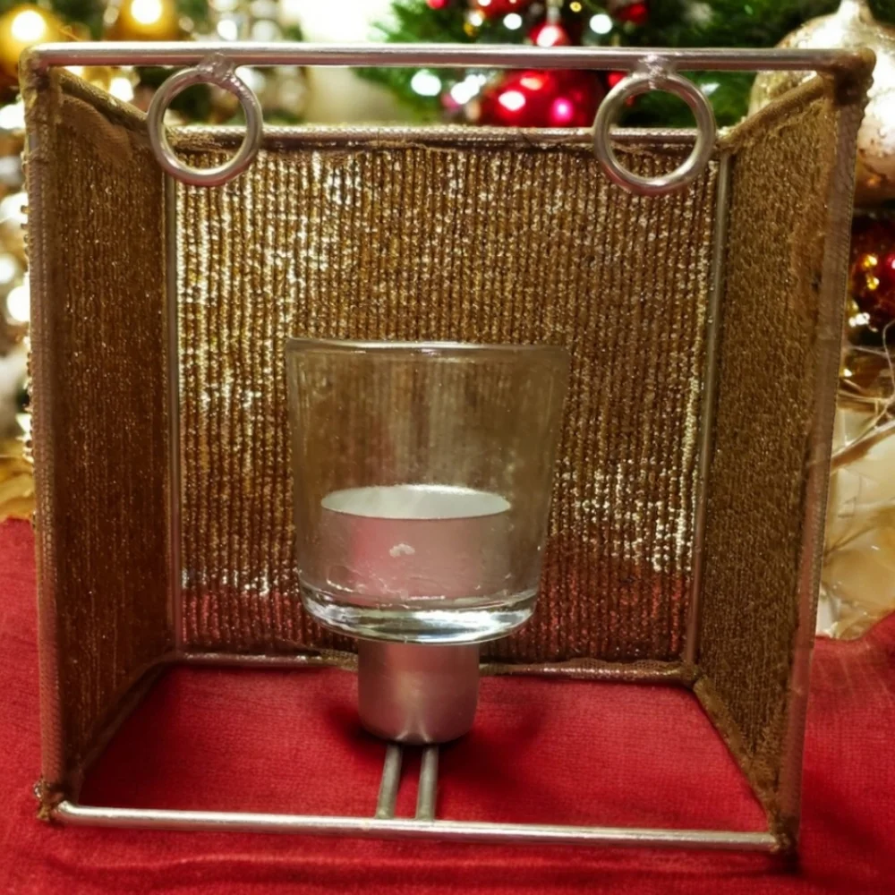 Vtg Tealite Candleholder Seedbeads, Metal & Glass! Square Frame